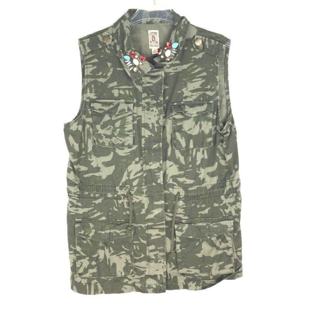 Decree XL Green Camo Top Pockets Zip Snap Front Vest Jeweled Collar Drawstring